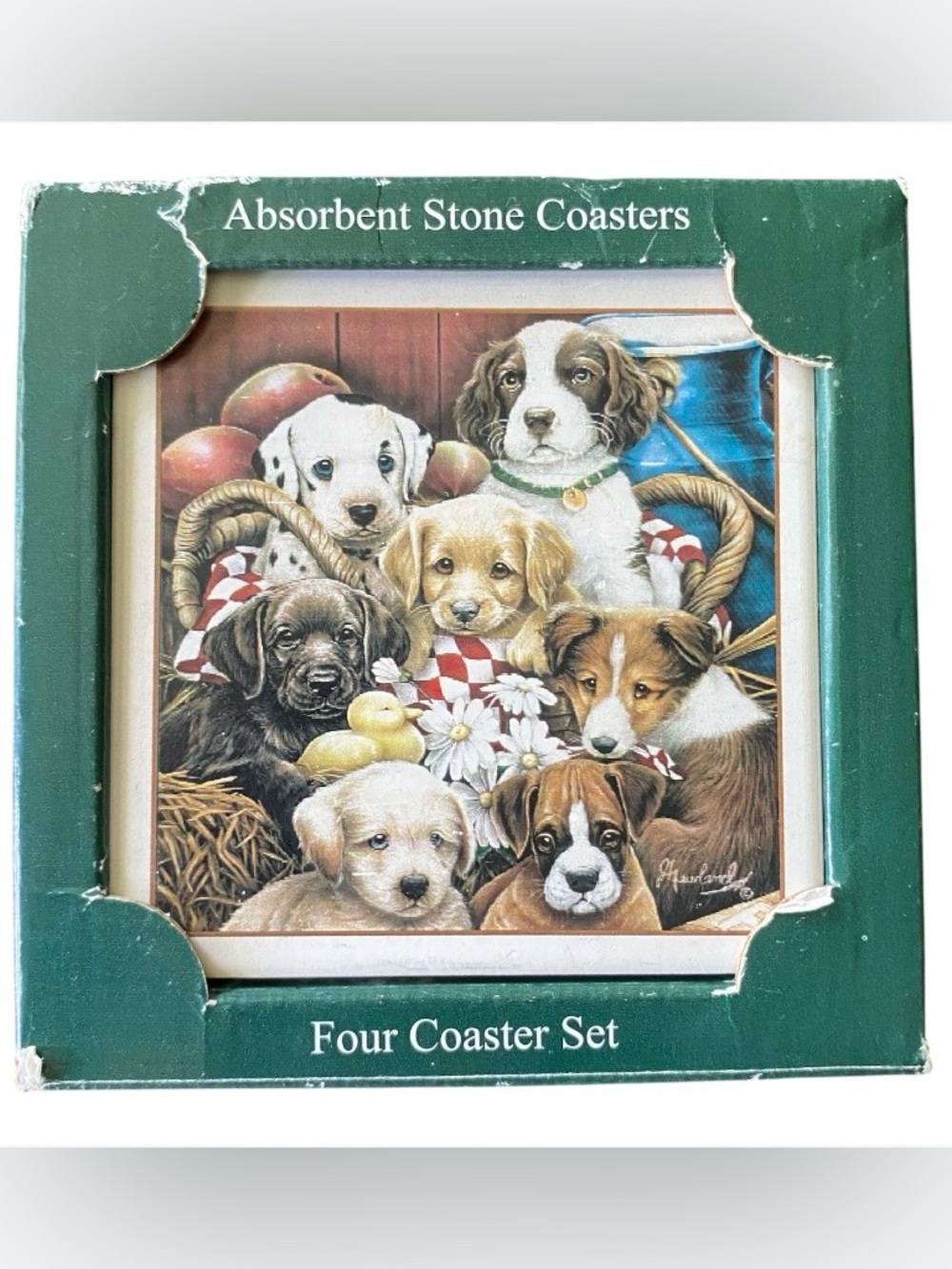 Stone Art Absorbent Stone Dog Puppy Coasters Set of 4 in Box Bisque Tile NOS